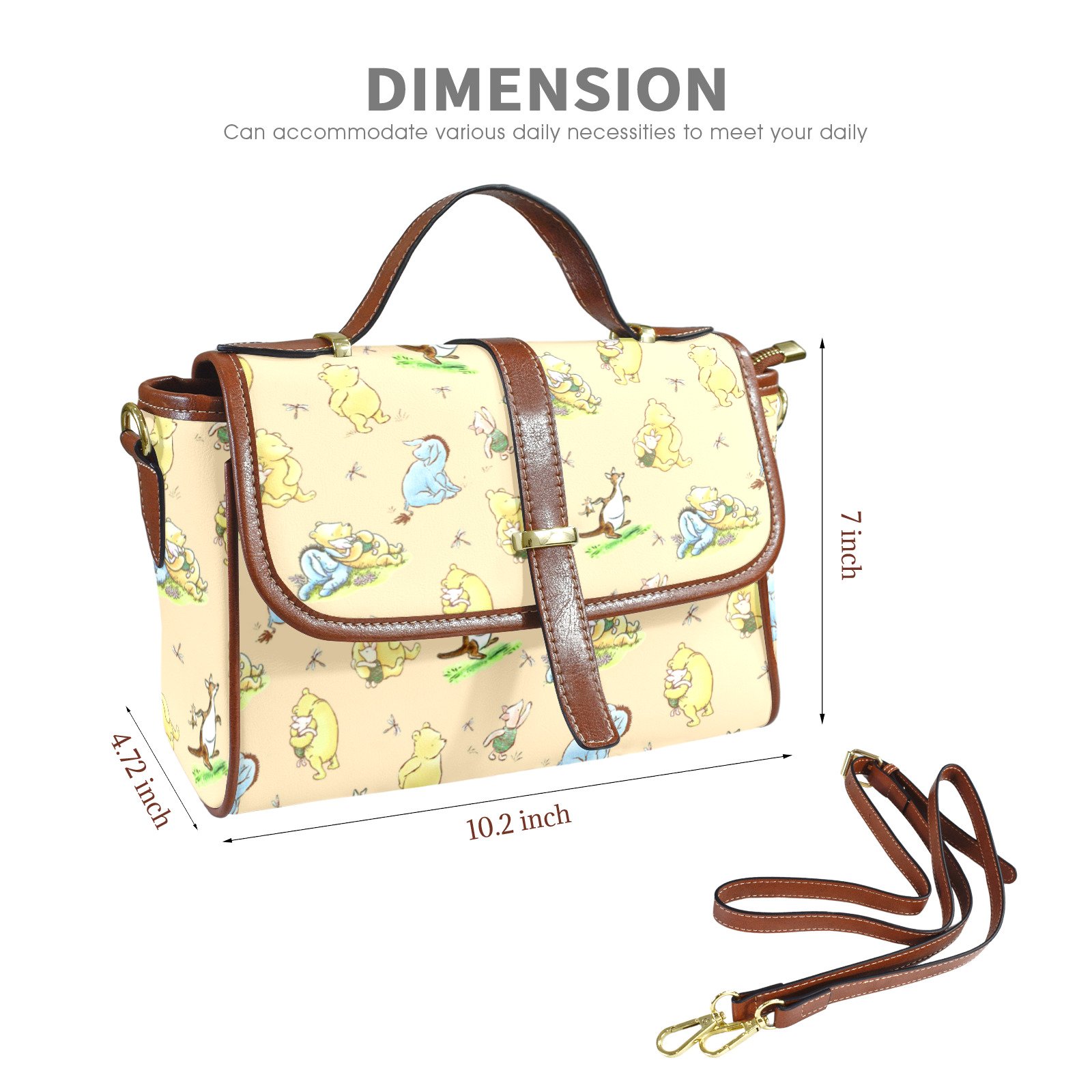 Winnie the Pooh Handbag | Stylish, Classic Vegan Leather Satchel in Yellow with Brown Trim - Image 2