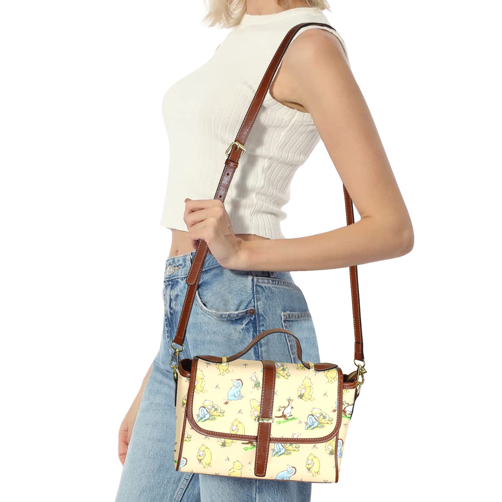 Winnie the Pooh Handbag | Stylish, Classic Vegan Leather Satchel in Yellow with Brown Trim - Image 6