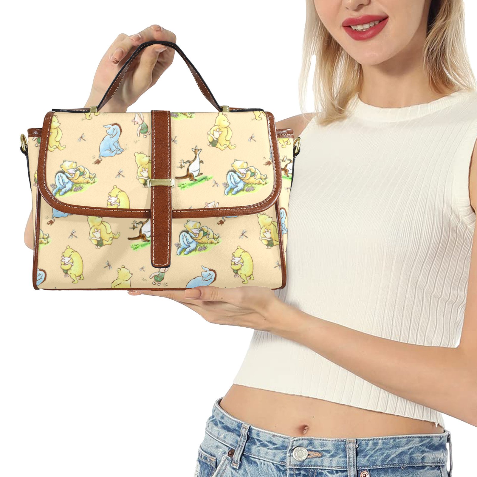 Winnie the Pooh Handbag | Stylish, Classic Vegan Leather Satchel in Yellow with Brown Trim - Image 5
