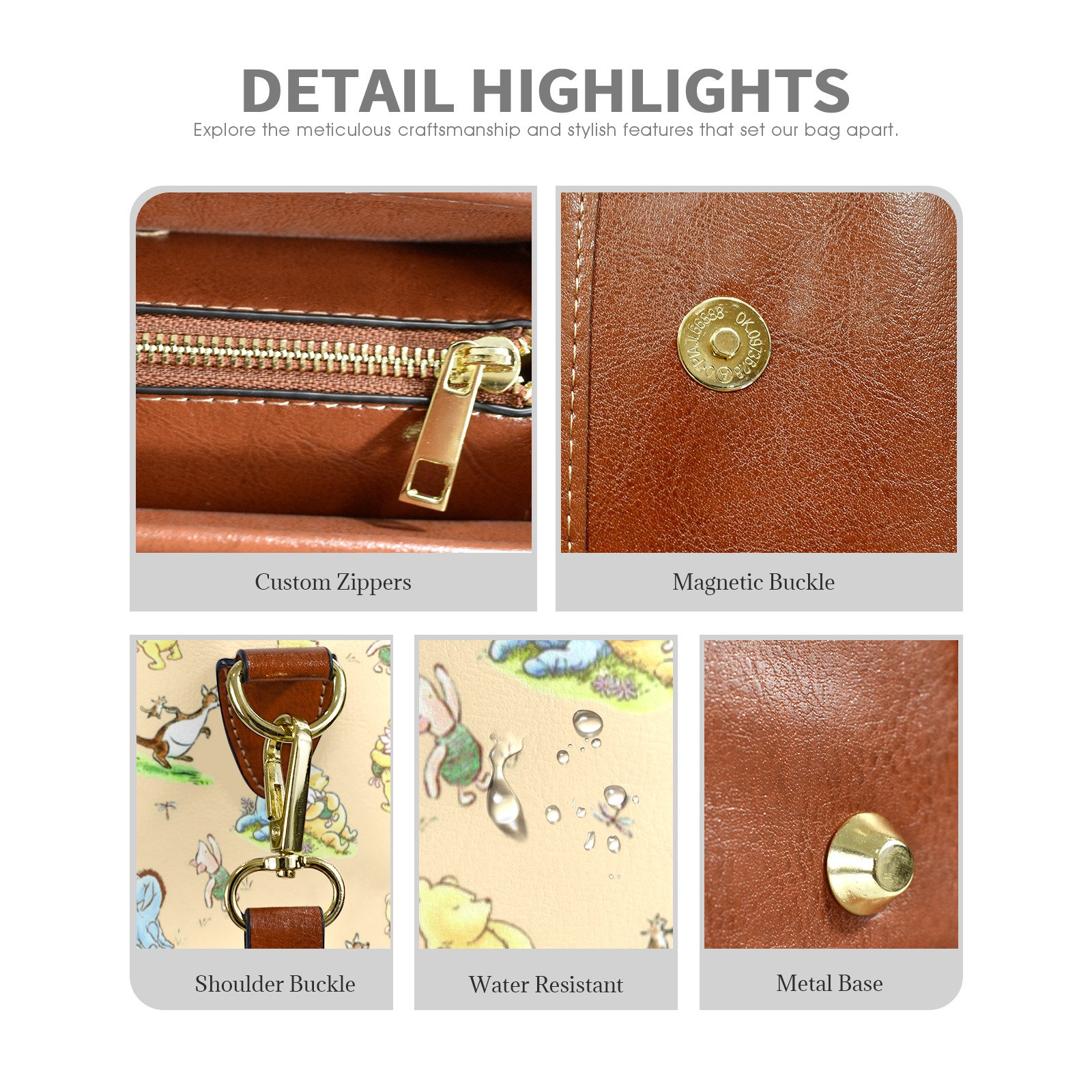 Winnie the Pooh Handbag | Stylish, Classic Vegan Leather Satchel in Yellow with Brown Trim - Image 3