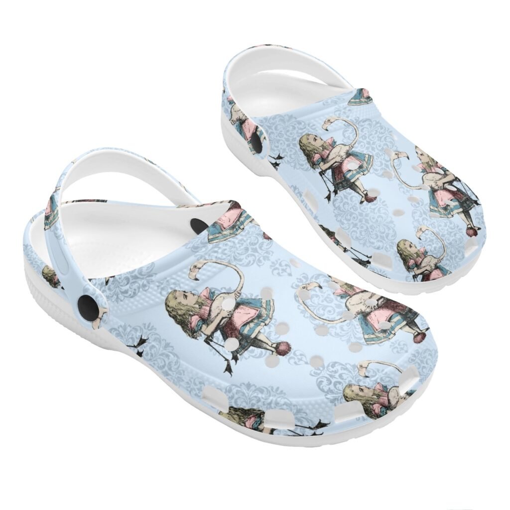 Alice in Wonderland Croquet Flamingo Women's Rubber Clogs in Blue