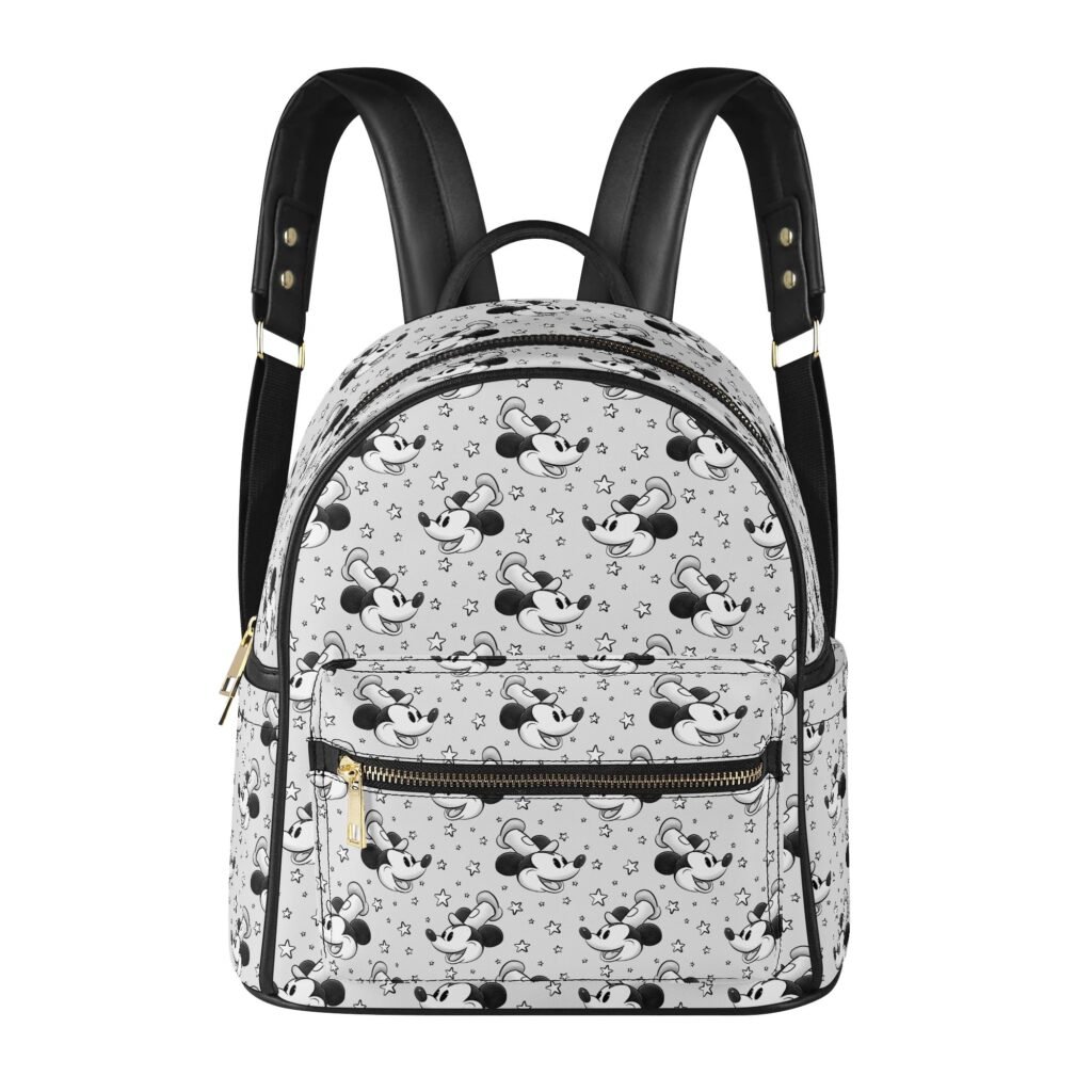 Black and White Steamboat Willie Mini Backpack in Vegan Leather