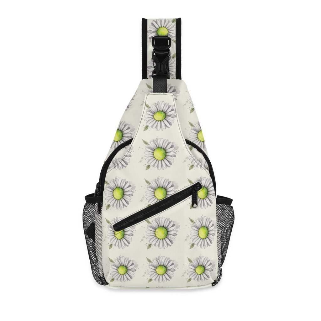 Tennis Sling Bag | Tennis Balls in Daisies Crossbody Bag with Adjustable Strap